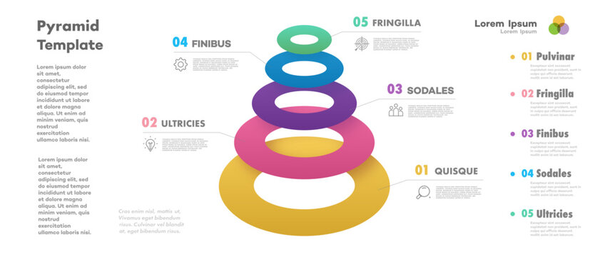 Circle Pyramid infographic template 5 level 3d isometric for start up project, business strategy, banner, presentation, theory basic operation, logic analysis