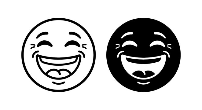 Laughing emoji icons, happy smiling face vector set, black and white emoticons