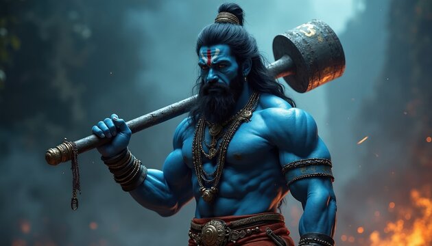 Blue skinned warrior god Hanuman holds large mace weapon. Mythical deity with muscular physique stands strong. He wears traditional jewelry and dhoti. Powerful hindu figure in action.