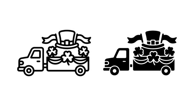 St. Patrick's Day Truck Parade Icons, Festive Irish Celebration Delivery Vector Set, Shamrock and Leprechaun Hat Graphic Elements