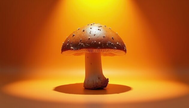 Single brown mushroom with white speckles on cap and stem, lit by spotlight on warm orange background. Isolated fungal organism with distinct gills and shadow. Ready for culinary or naturalistic use.