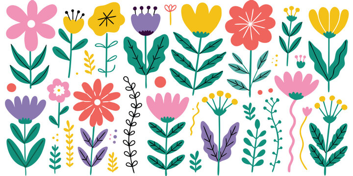 Creative botanical pattern with hand drawn stylized flowers and green foliage