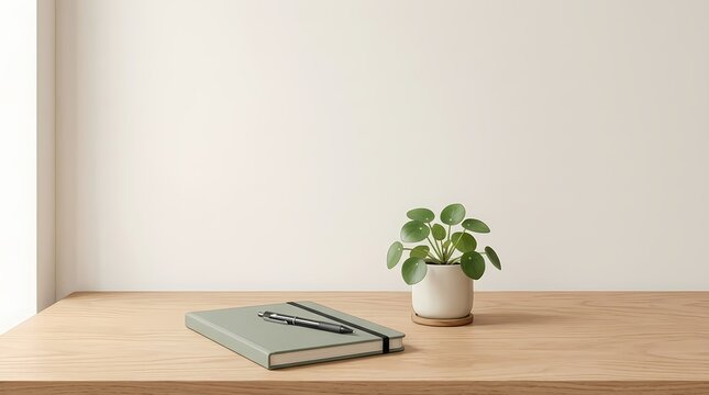 A green notebook with a black pen and a small potted pilea plant on a wooden desk in a bright room National Simplify Your Life Week