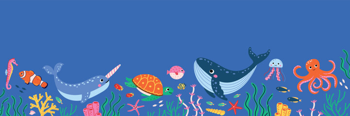 Underwater banner with sea animals and ocean elements on blue background. Vector illustration with whale, narwhal, turtle, octopus, jellyfish, fish and coral reef. Marine life design. © Hanna Bykova