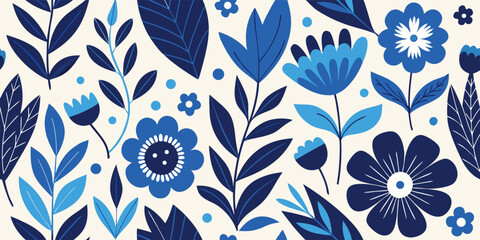 Seamless blue botanical pattern with hand drawn flowers and leaves on cream background in folk art style © Sadhin07