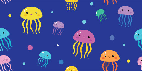 Friendly smiling jellyfish characters pattern with bright colors and bubbles © Sadhin07
