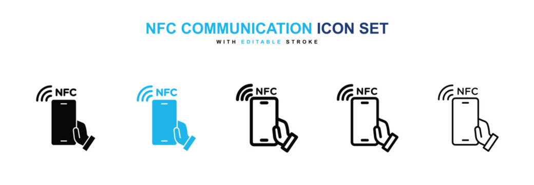 NFC communication icons vector collection in black and blue colors on white background