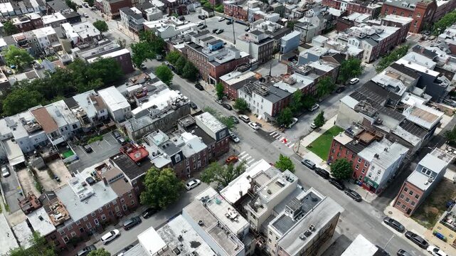 Riverside, Maryland, USA - June 9, 2025: Historic row homes stand in the beautiful Riverside neighborhood.
