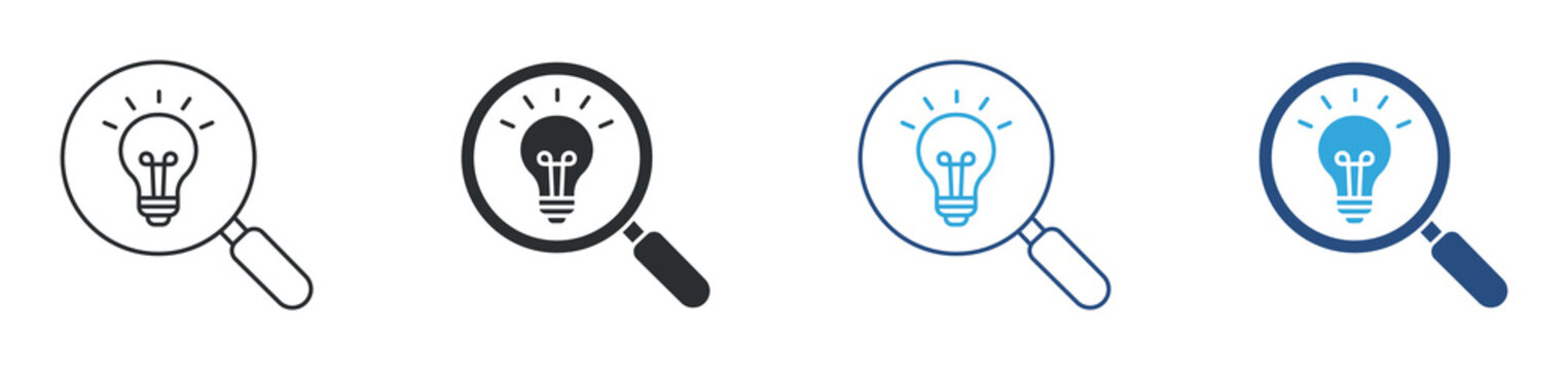 Idea Finding  icon set. magnifying glass with light bulb. innovation and research concept. vector illustration.