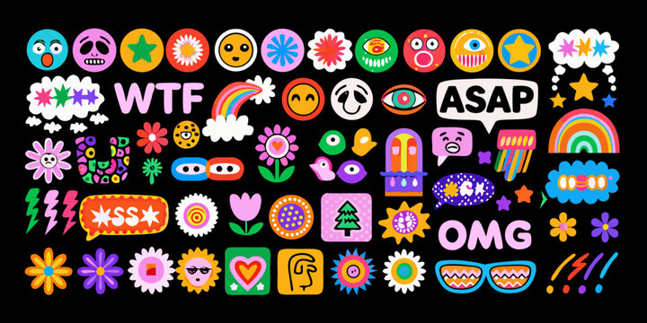 colorful sticker set with playful expressions and floral elements