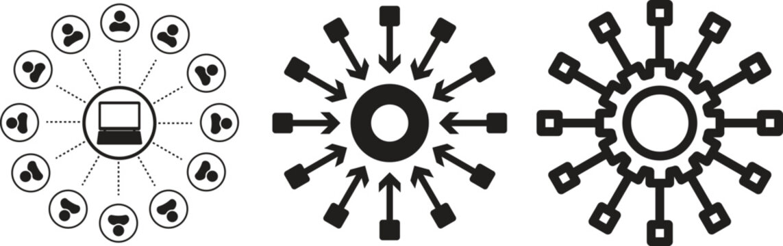 Centralized network connection center icon line logo set collection outline