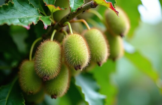 Fuzzy green kiwi fruits grow on a vine branch with reddish tinged leaves. Healthy berries ripen on a plant in nature. Fruit clusters develop on a tree.