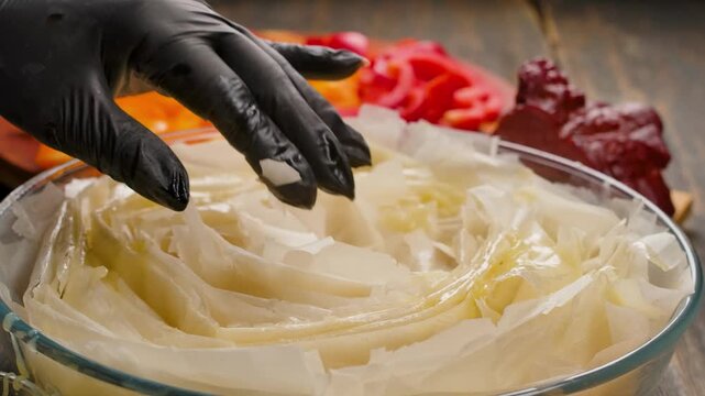Silicone brush spreads melted butter over rolled sheets of phyllo dough in a glass baking dish. Preparation of a crispy pastry pie in the kitchen.