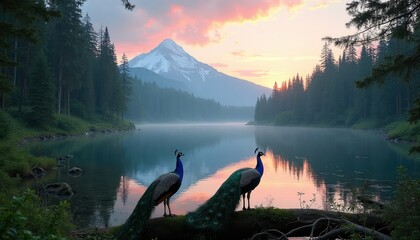Fototapeta premium Two peacocks stand on a log by a calm lake in a forest with a snow-capped mountain in the background at sunrise. Beautiful tranquil natural landscape with colorful sky reflection.