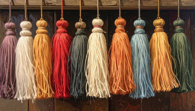 Colorful tassels hanging in a row close up against a blurred background