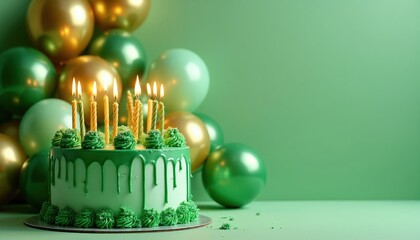 Naklejka premium Green birthday cake with lit candles and gold balloons. Festive celebration with sweet dessert and party decorations. Happy occasion for kids or adults.