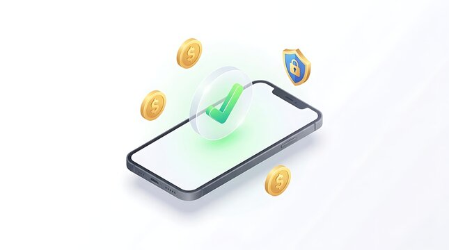 Secure mobile payment transaction on smartphone, digital wallet with gold coins and shield icon, successful online banking transfer concept