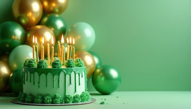Green birthday cake with lit candles and gold balloons. Festive celebration with sweet dessert and party decorations. Happy occasion for kids or adults.