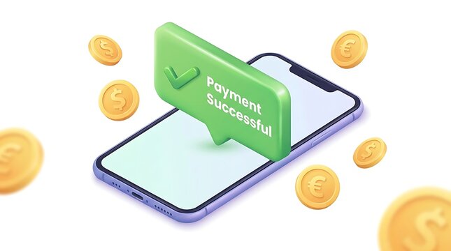 Payment Successful notification on smartphone screen, mobile banking app transaction confirmation, 3D isometric online payment with gold coins