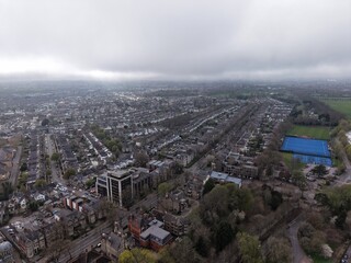 Obraz premium Cardiff City Aerial View of Residential District Under Cloudy Sky