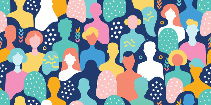 Abstract crowd of diverse people faces colorful modern pattern