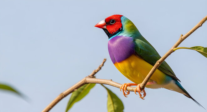 Vibrant gouldian finch perched on branch against clear sky