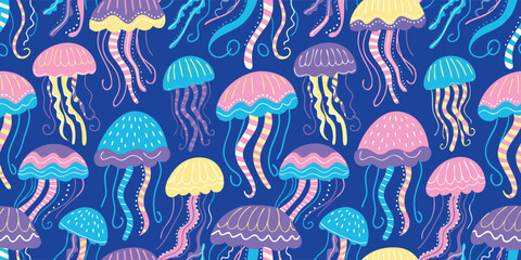 Naklejka premium Colorful jellyfish seamless pattern, underwater creatures background, marine life illustration for kids design