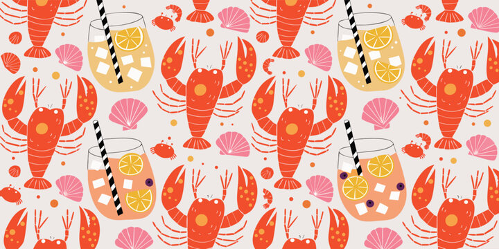 Summer cocktail and lobster party seamless pattern featuring orange drinks and pink seashells on light background for festive design