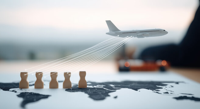 Aircraft connects figures over world map, depicting relocation pathways, border crossing, transit, and resettlement