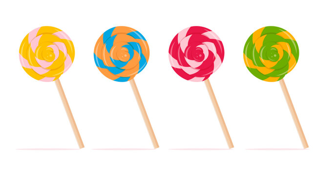 Spiral colorful lollipops on wooden stick set. Twisted round candies vector illustration.