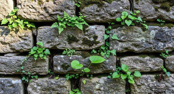 Green plants growing in cracks of weathered stone wall