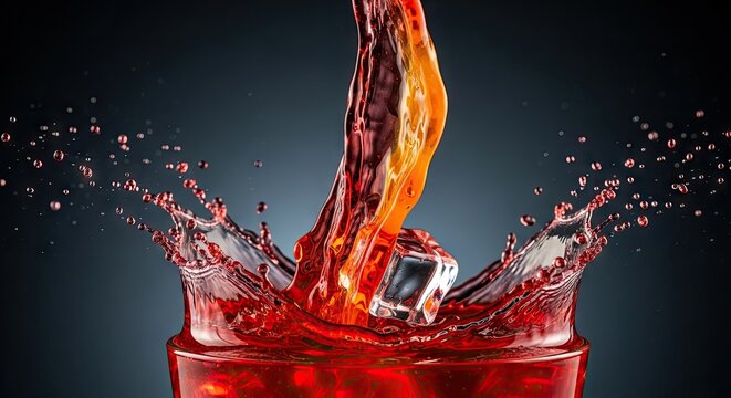 Ice cube splashing into glass of red juice or cocktail