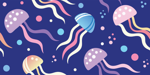 Cute cartoon jellyfish seamless pattern with bubbles and polka dots on deep blue ocean backdrop © Sadhin07