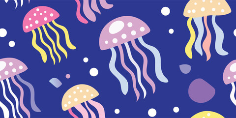 Cute underwater seamless pattern with colorful jellyfish and bubbles on blue background © Sadhin07