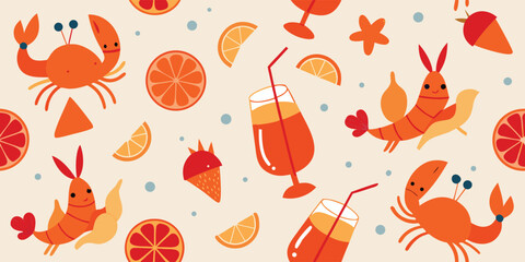 Playful seafood character pattern with cute crabs prawns and orange citrus fruit © Sadhin07