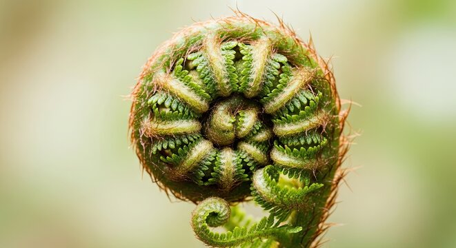 Macro shot of a green fern fiddlehead unfurling