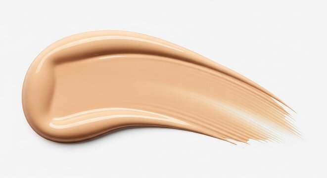 A smooth stroke of beige liquid foundation featuring a creamy texture and silky finish, perfect for showcasing beauty product consistency, glowing, liquid, product
