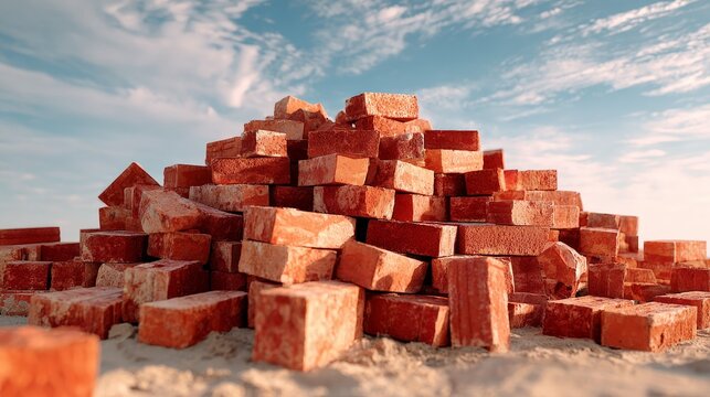 A pile of red bricks arranged as a construction material for building a house, showcasing their rough texture, earthy red tones, and uniform rectangular shape.