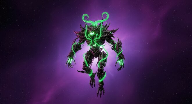 A terrifying fusion of mechanical parts and emerald vines floats through a deep violet nebula, glowing with eerie bioluminescent light, artificial, circuitry, futuristic