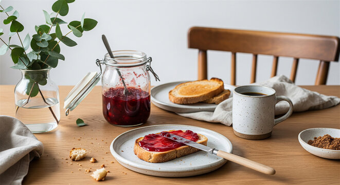Rustic breakfast scene with strawberry jam on toast, morning coffee in ceramic mug, cozy wooden table setting with eucalyptus leaves