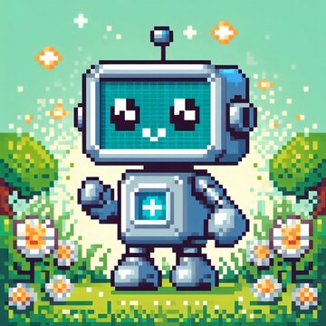 Cute Medical Robot Character in Pixel Art Style Standing in Flower Field