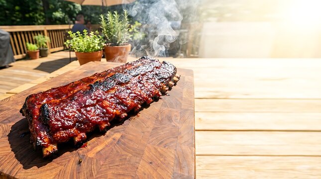 Rack of barbecue ribs on wooden cutting board with outdoor deck background providing copy space
