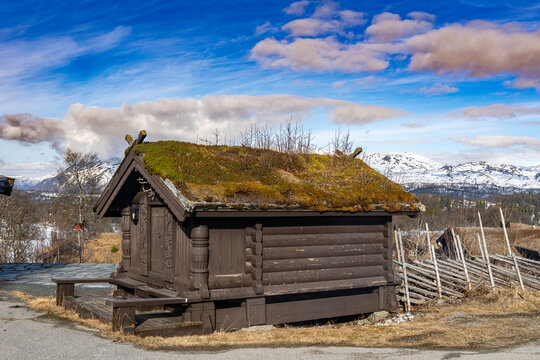 Aincent traditional Norwegian wooden house with a grass roof on the beautiful mountain landscape background. Plants and trees grow on the roof. 