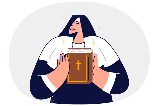 Woman nun holds holy bible in hands and demonstrates main Christian book to parishioners