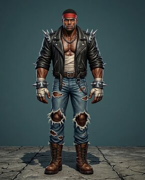 Tough muscular man in spiked leather jacket and ripped jeans standing confidently