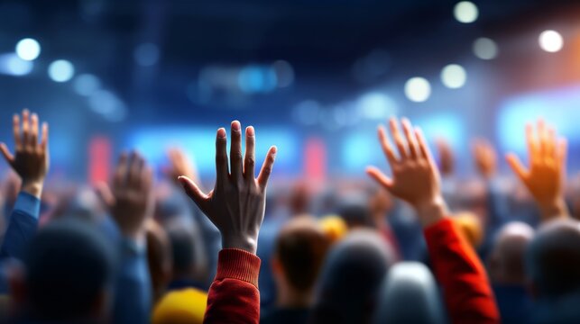 Audience Engaging in Seminar with Hands Raised in 3D Environment