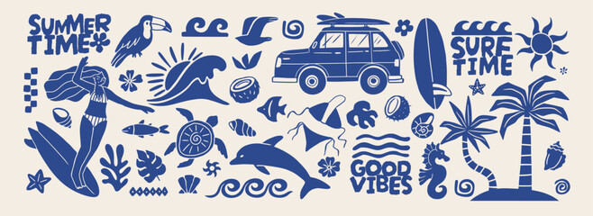 Hawaii summer elements. Tropical sea surf stickers. Vintage exotic beach shapes. Hand drawn palm, shell, turtle, sun, car, ocean wave, bird. Vector label set © Foxy Fox
