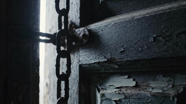 A close-up of a weathered wooden door secured with a rusty chain, evoking a sense of neglect and abandonment.
