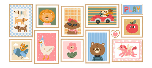 Kids poster. Cute animals. Funny child room decor with bear, lion, unicorn, flower, goose, dog in car, giraffe in plane, apple. Baby banner, children print, vector illustration