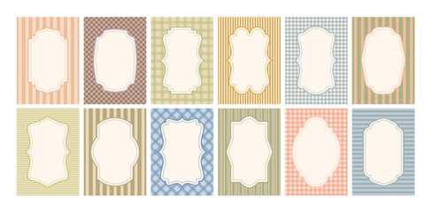 Retro decorative frame. Vintage festive labels. Trendy coquette ornamental frames with stripes, tartan, rhomb pattern, empty border for invitation, poster. Vector set © Foxy Fox